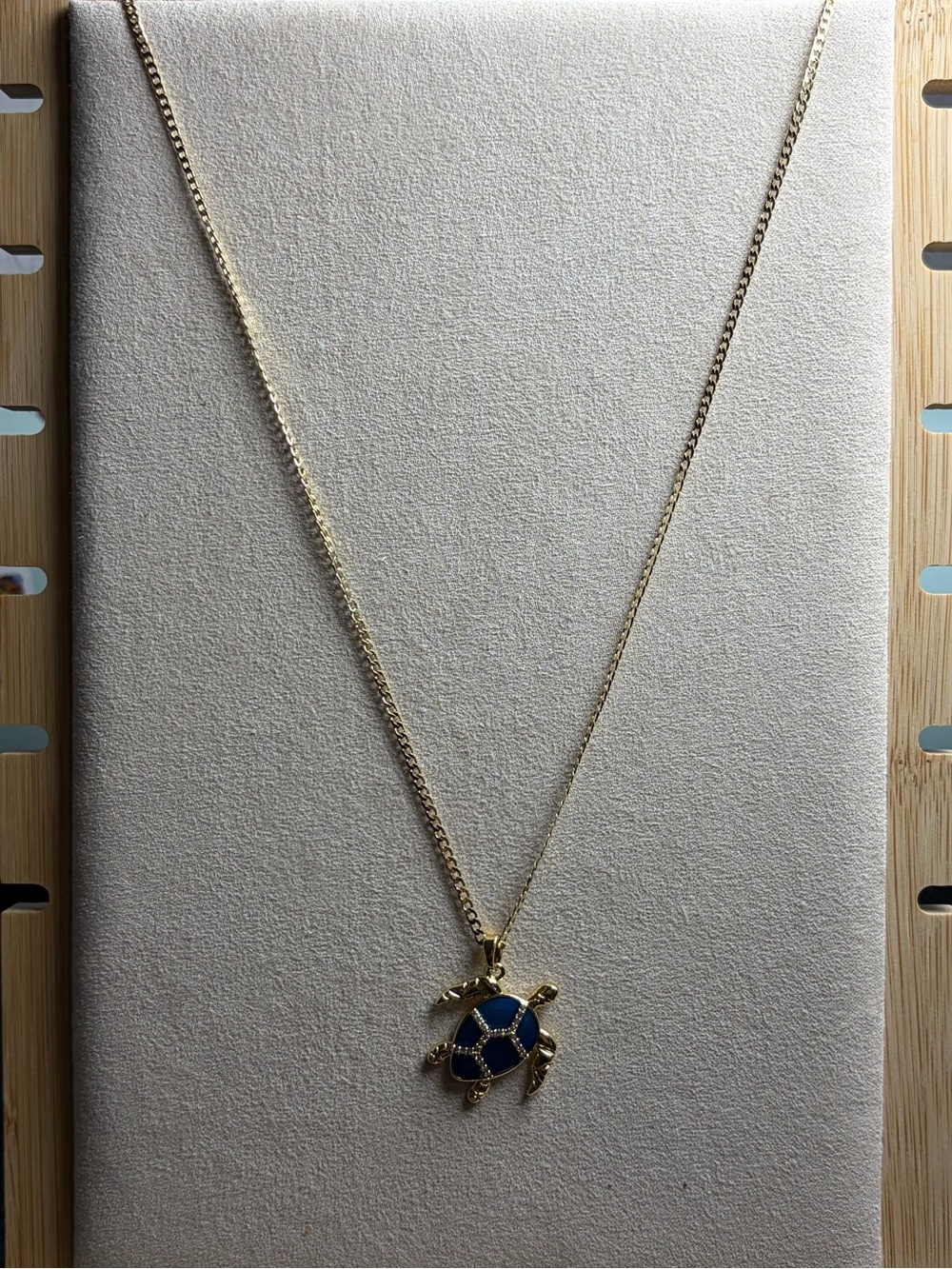 Gold-Tone Turtle Pendant Necklace with Blue Enamel